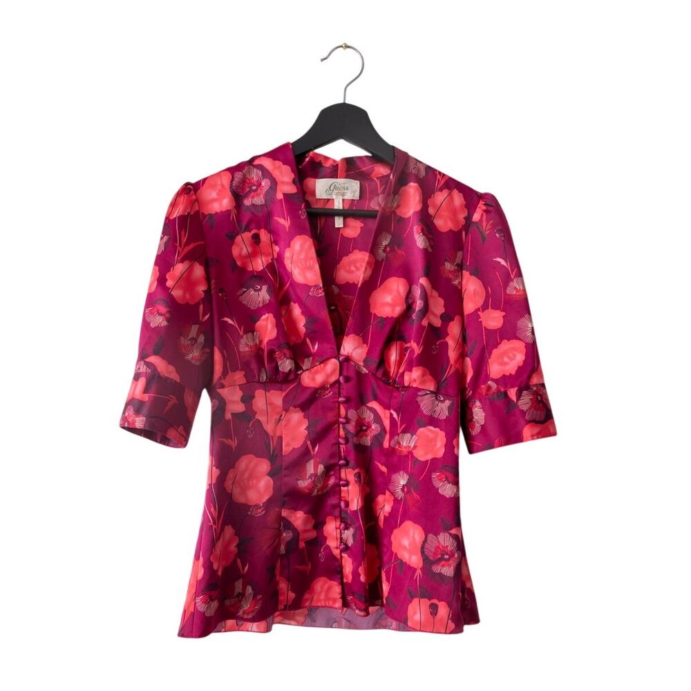 Vintage Y2K Guess Silk Blend Pink Floral Button Front V-Neck Blouse Size Small